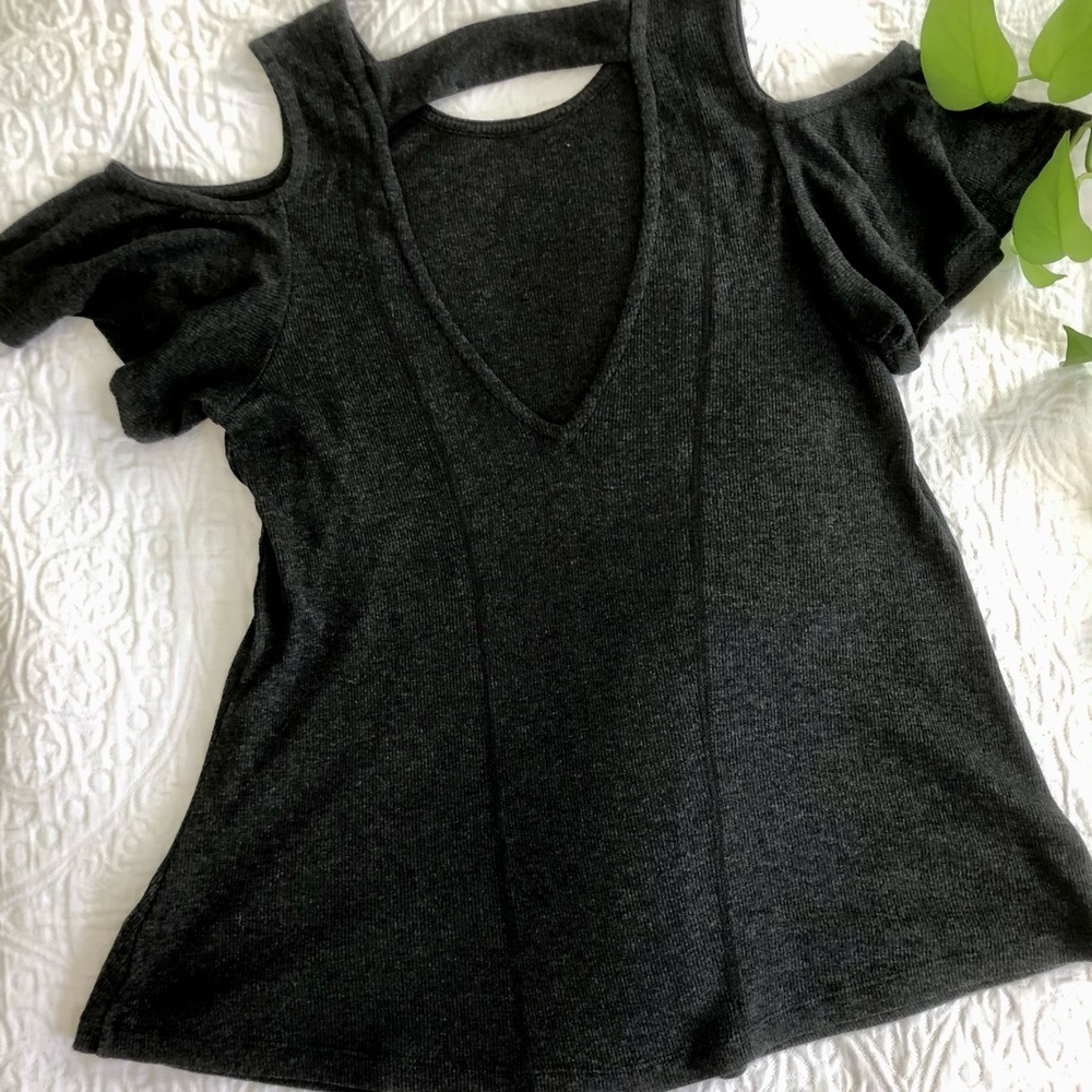 Charcoal Ribbed Cold Shoulder Top